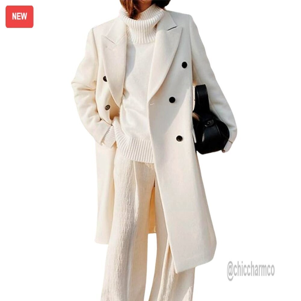 Double Breasted Wool Pea Coat Notched Lapel Classic Elegant Winter Overcoat